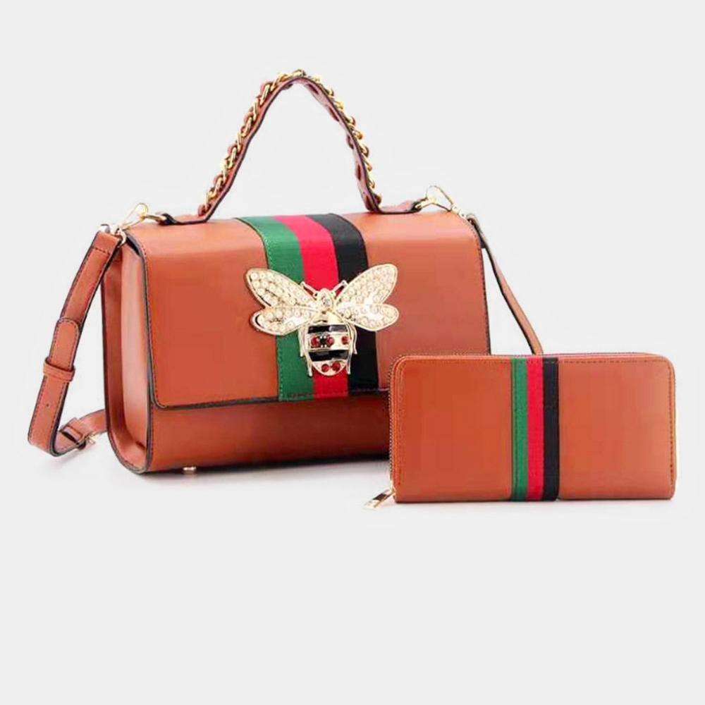 Brown Leather Honey Bee Chain Link Color Block Crystal Tote Purse Bag Wallet Set